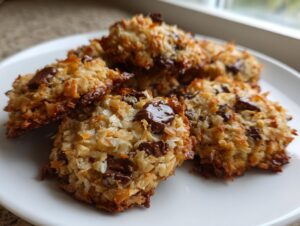 A close-up of several golden brown almond joy cookies topped with melted chocolate chips on a white plate.