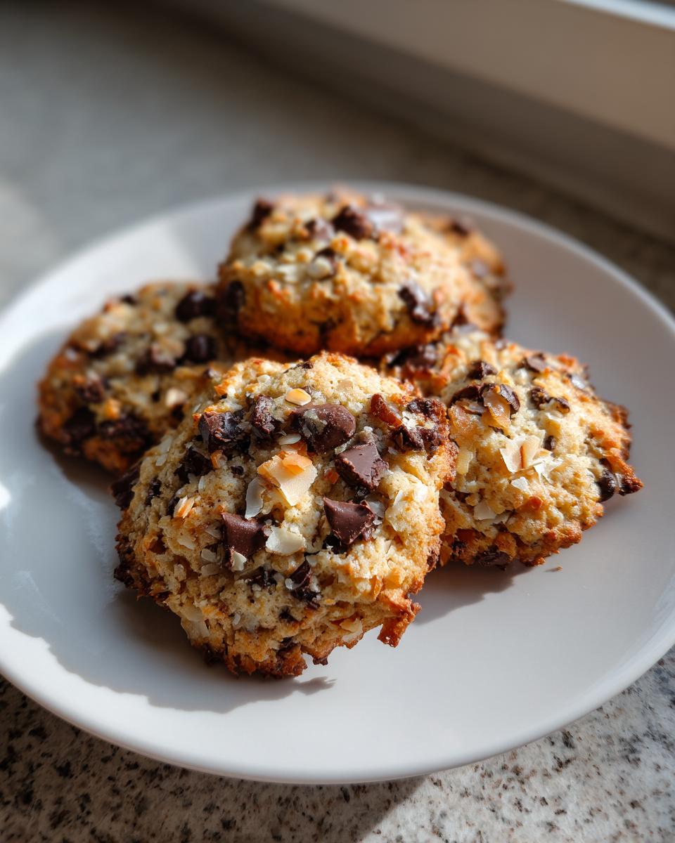Four golden-brown almond joy cookies topped with chocolate chunks and toasted coconut flakes on a white plate.