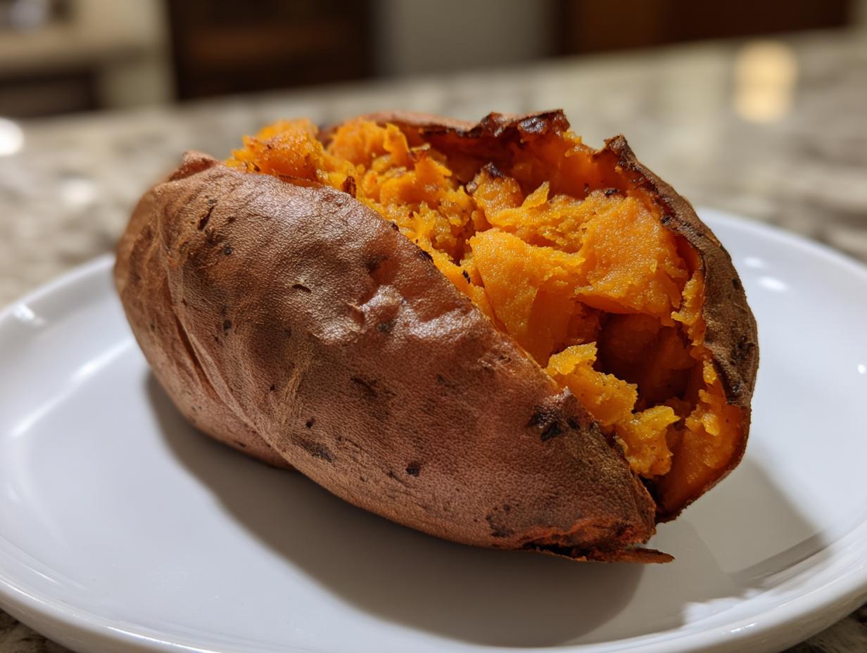 A single, perfectly baked sweet potatoes split open to show the fluffy, bright orange interior on a white plate.
