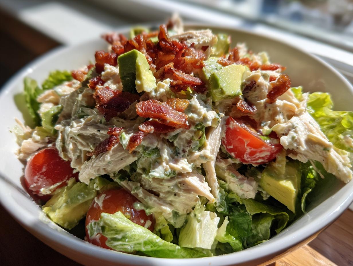 A close-up of a hearty bowl of amazing blt chicken salad featuring shredded chicken, avocado, tomatoes, and crispy bacon on lettuce.