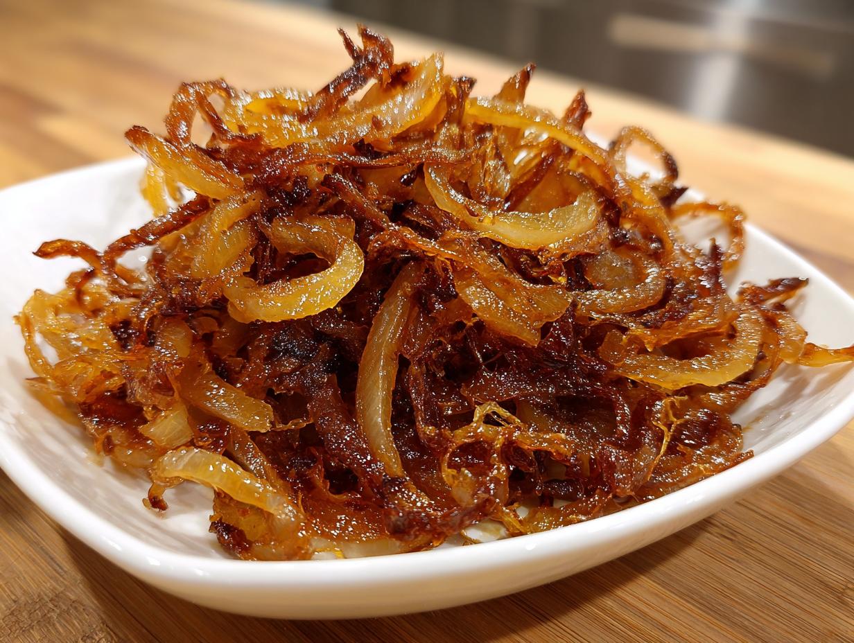 A close-up of a mound of rich, dark brown caramelized onions served in a small white dish.
