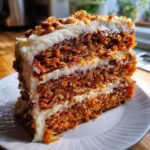 Close-up of a tall, moist slice of carrot cake recipe layered with thick cream cheese frosting and topped with chopped nuts.