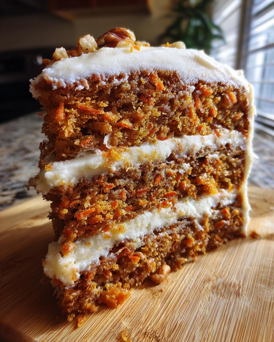 Close-up of a moist, three-layer slice of carrot cake recipe topped with cream cheese frosting and pecans.