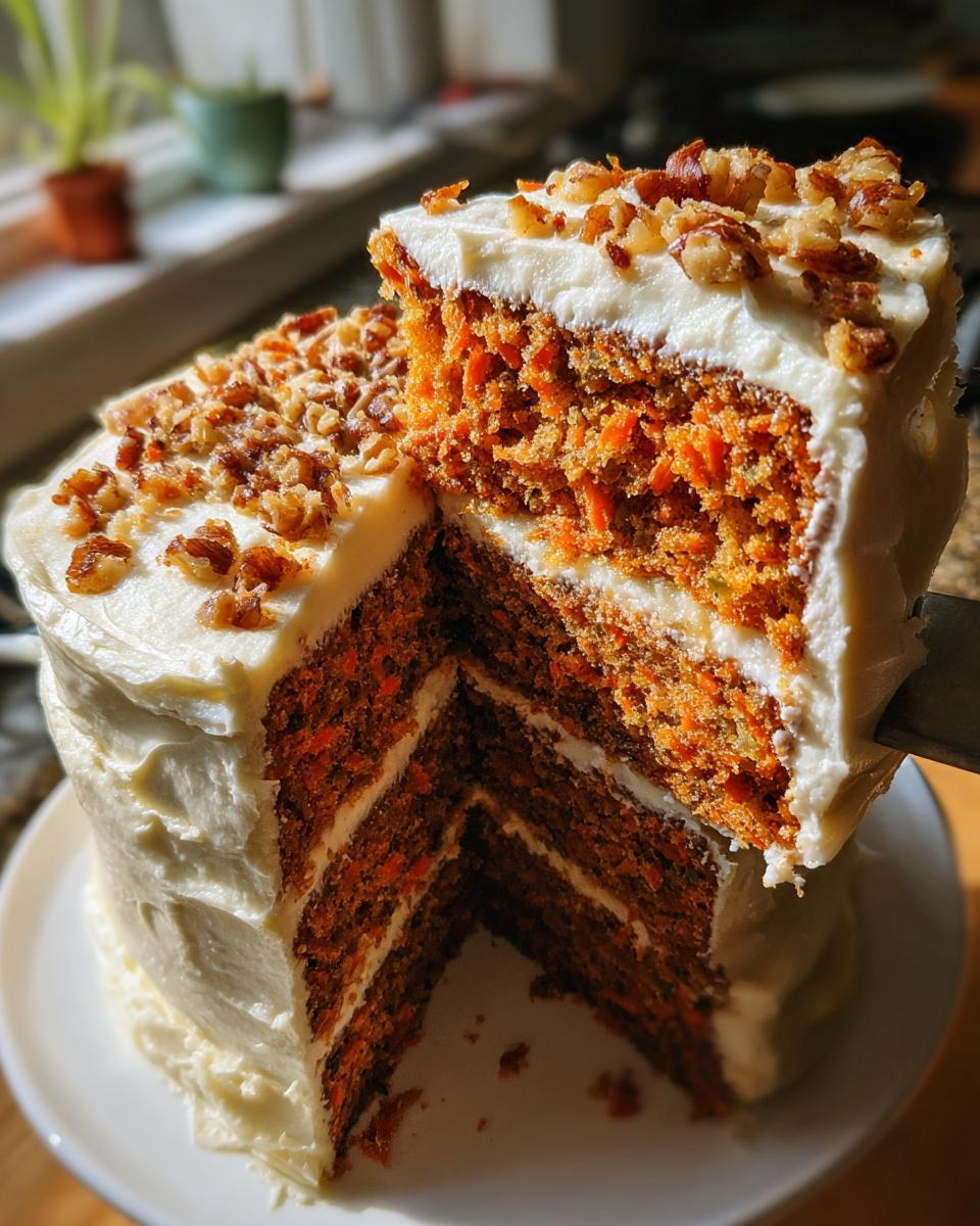 A slice being lifted from a layered carrot cake recipe, showing rich orange crumb and cream cheese frosting topped with walnuts.