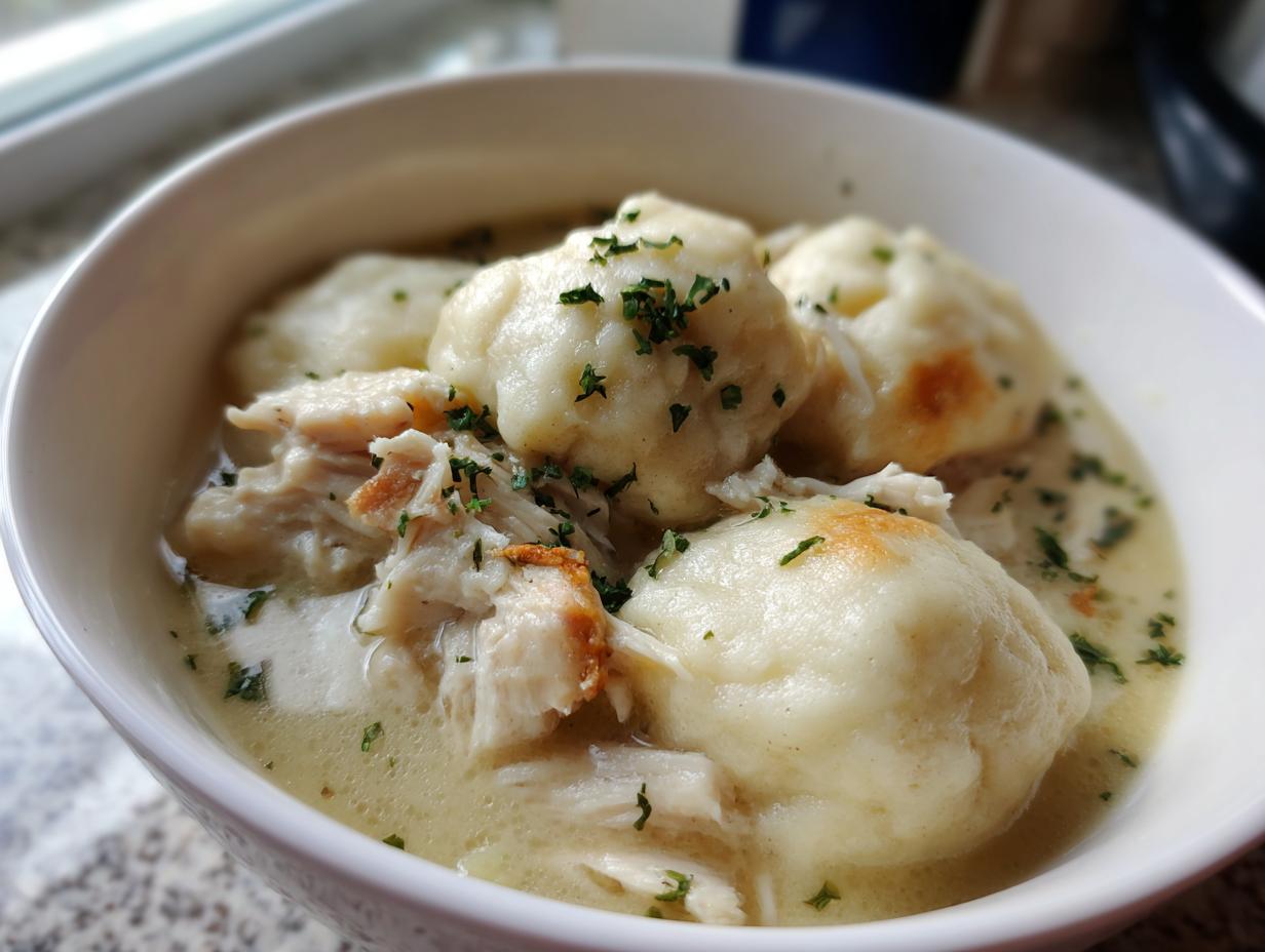 Close-up of a white bowl filled with creamy chicken and dumpling soup, topped with fresh parsley.