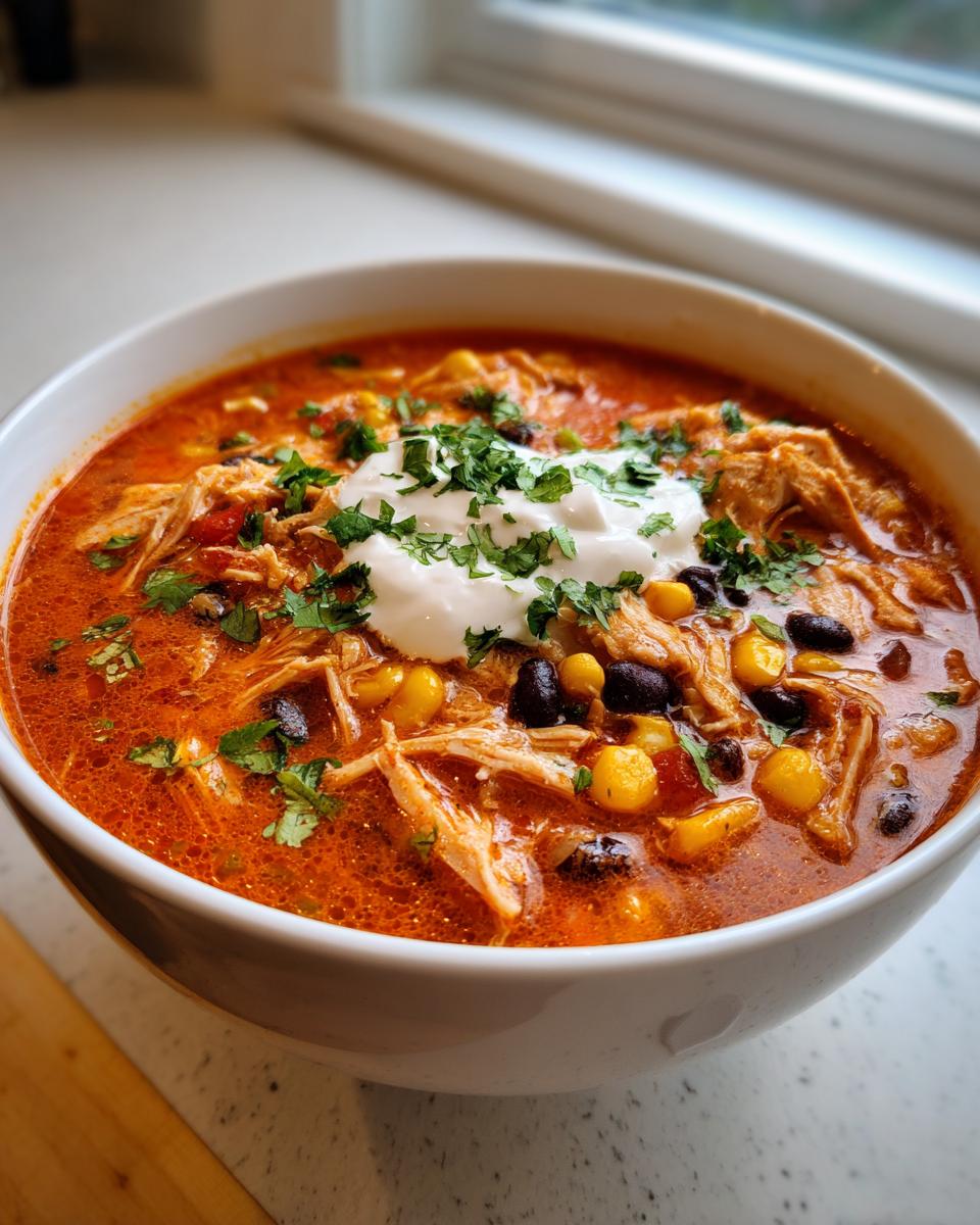 A close-up of a bowl of amazing chicken taco soup topped with sour cream and cilantro.