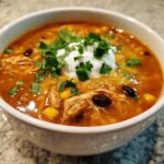 Close-up of a bowl of amazing chicken taco soup topped with sour cream and cilantro.