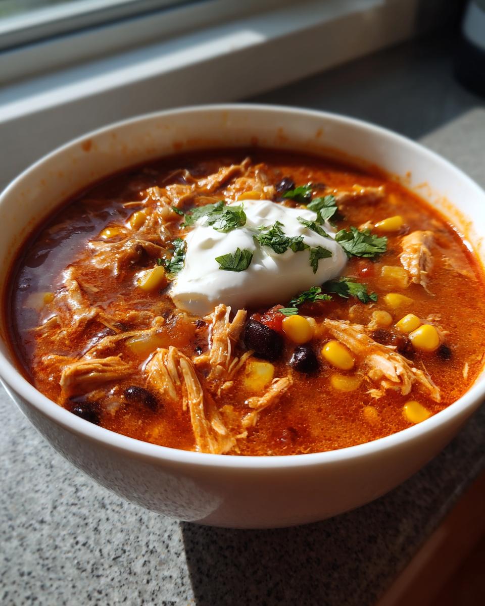 A close-up of a white bowl filled with rich, red chicken taco soup, topped with sour cream and cilantro.