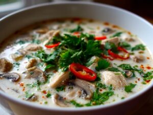 A close-up of a creamy bowl of coconut soup featuring chicken pieces, sliced mushrooms, fresh cilantro, and red chili rings.