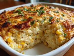 Close-up of a creamy, baked corn dip with a golden-brown cheesy crust, garnished with parsley.