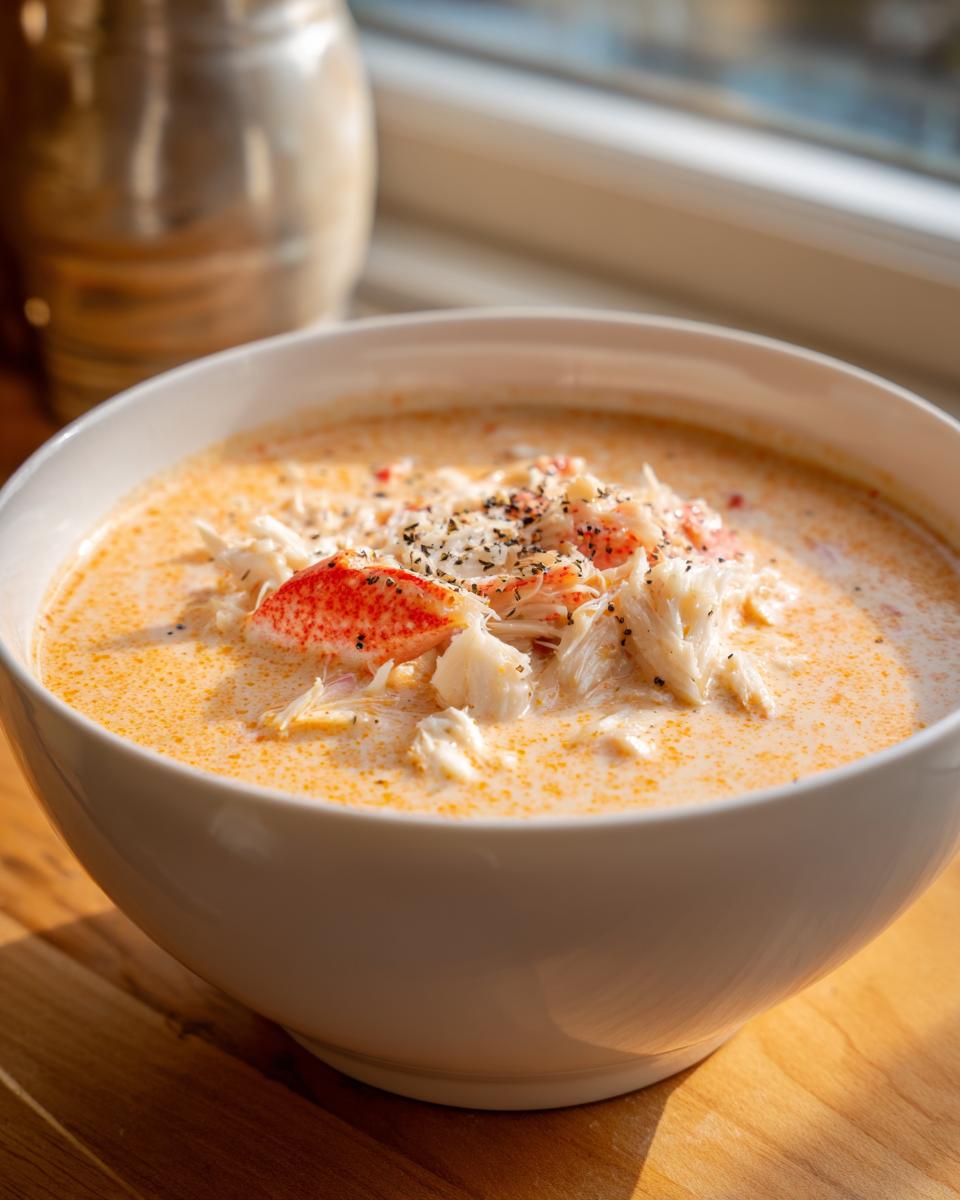 Close-up of a bowl of rich, creamy crab soup generously topped with white and red crab meat flakes and black pepper.