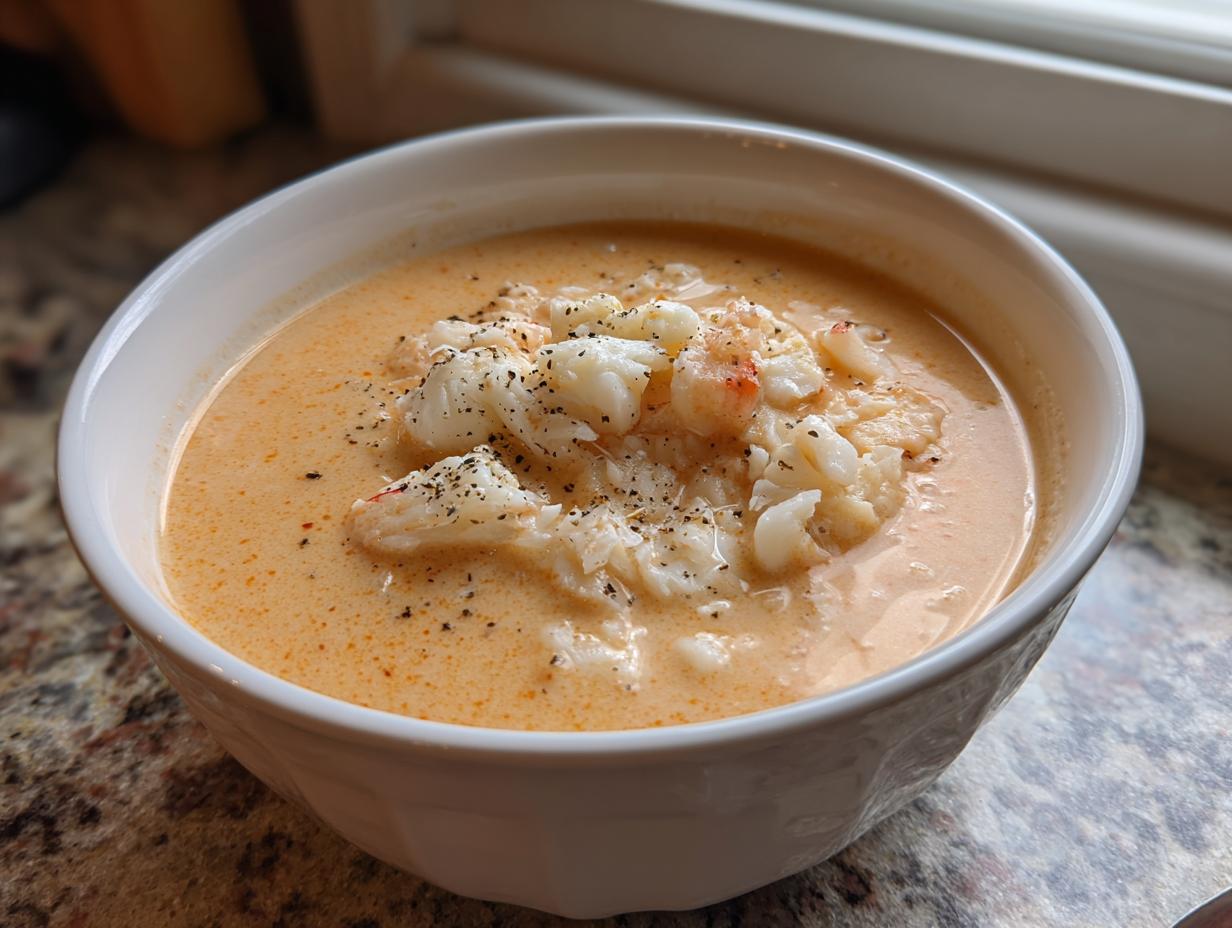A close-up of a white bowl filled with rich, creamy orange crab soup, generously topped with white crab meat and black pepper.
