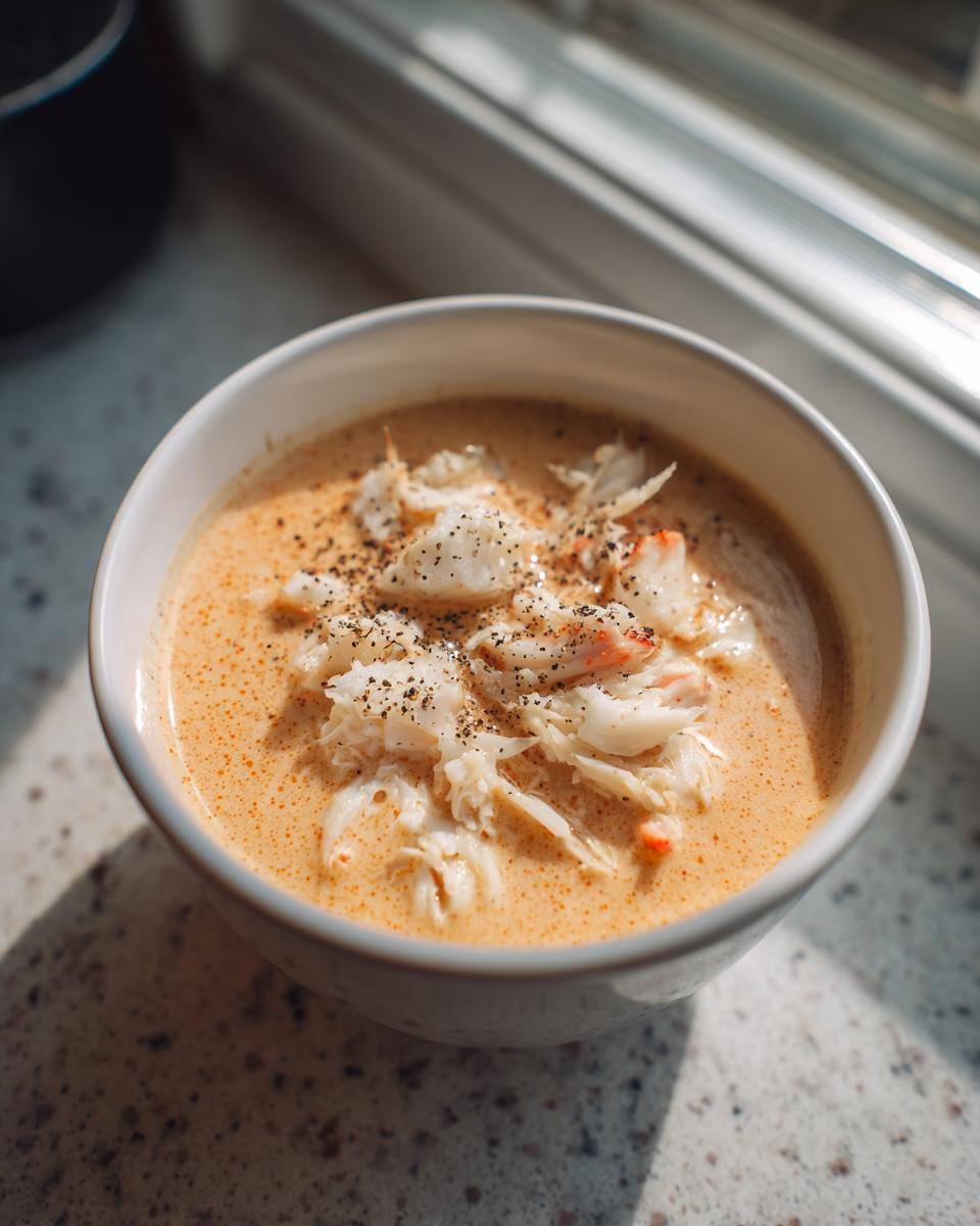 A creamy, orange-hued bowl of crab soup generously topped with white flaked crab meat and cracked black pepper.