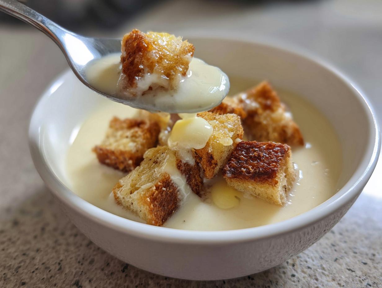 A spoonful of creamy garlic soup with a large, golden crouton being lifted from a white bowl.
