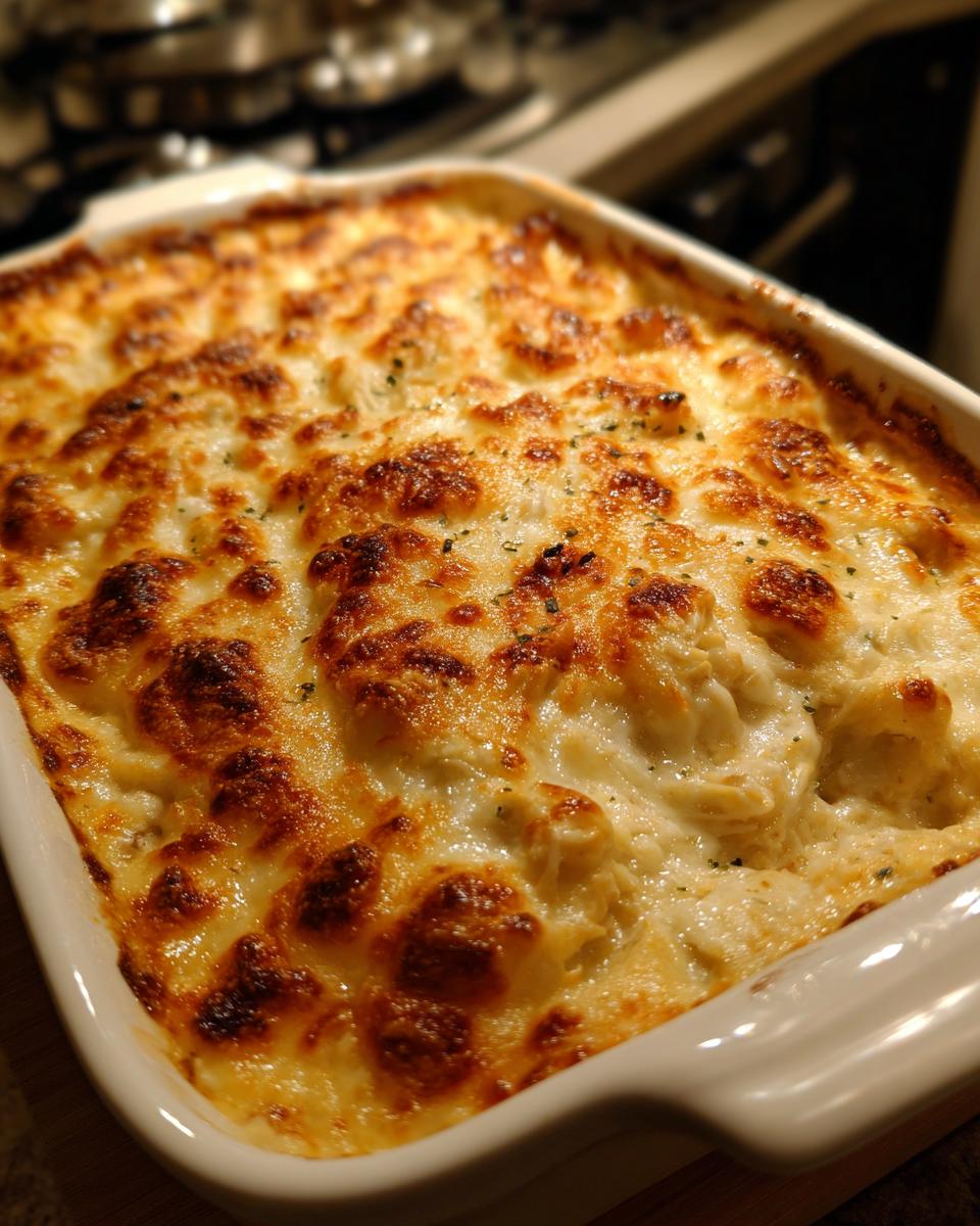 Close-up of a bubbling, freshly baked hot crab dip with a deeply browned and cheesy crust.
