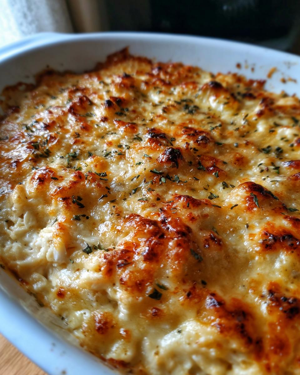 Close-up of bubbling, baked hot crab dip topped with browned cheese and dried herbs in a white dish.
