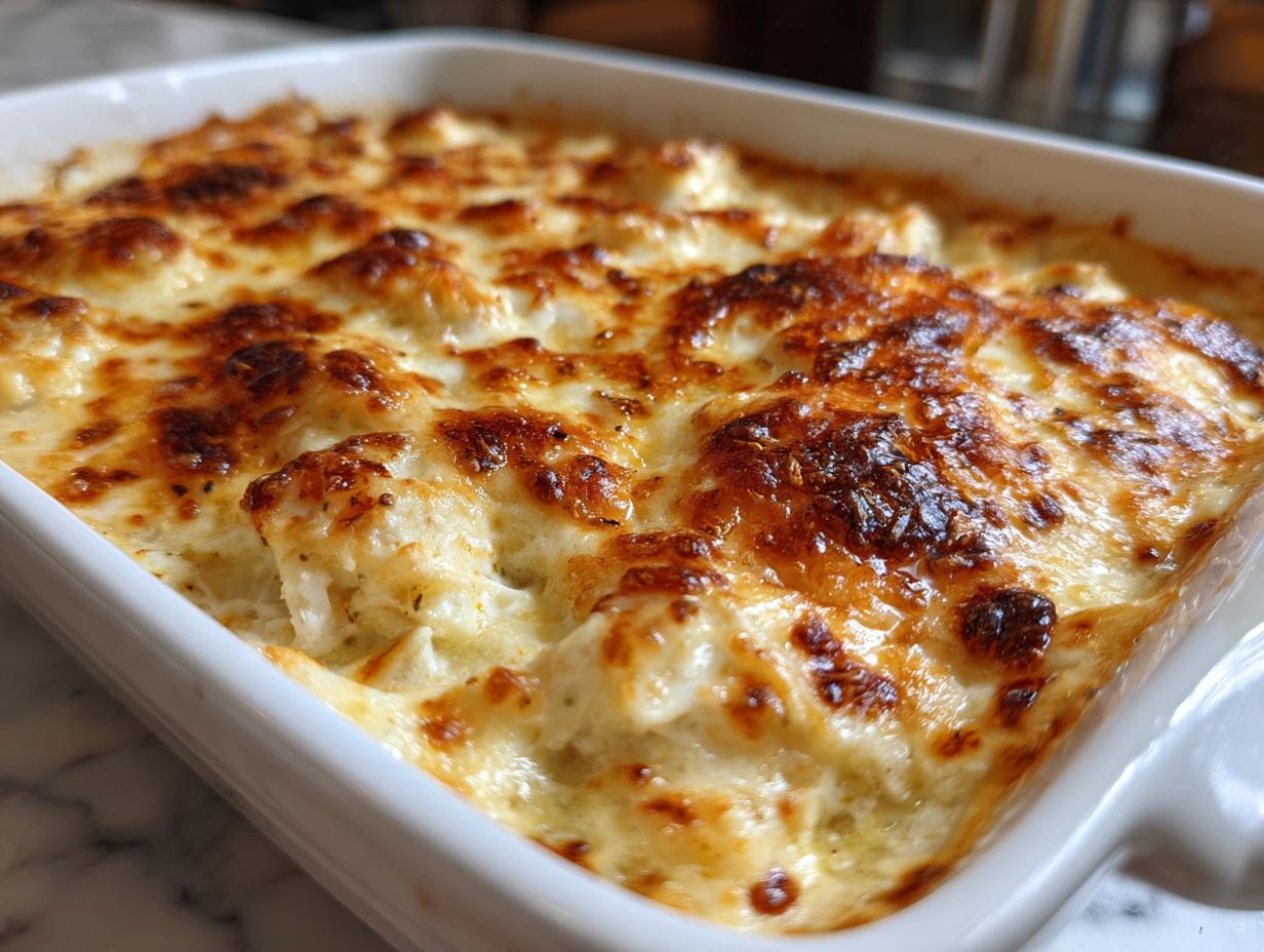 Close-up of amazing hot crab dip baked in a white dish with a bubbly, golden-brown, cheesy crust.