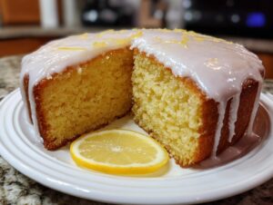 A slice cut from a moist lemon cake recipe, topped with white glaze and lemon zest, served with a fresh lemon slice.