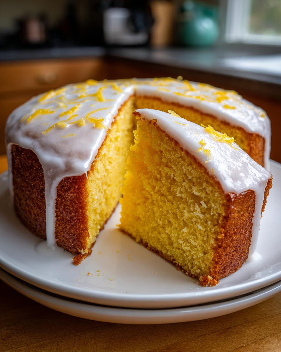 A slice cut from a bright yellow lemon cake recipe topped with white glaze and lemon zest.