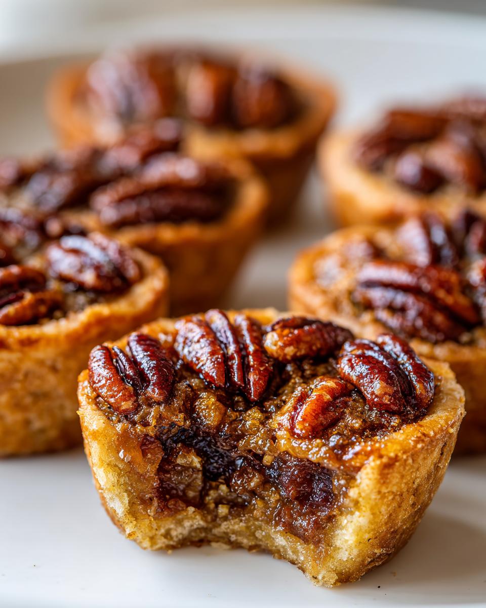 Close-up of one of the amazing mini pecan pies with a bite taken out, revealing the gooey filling and pecan topping.