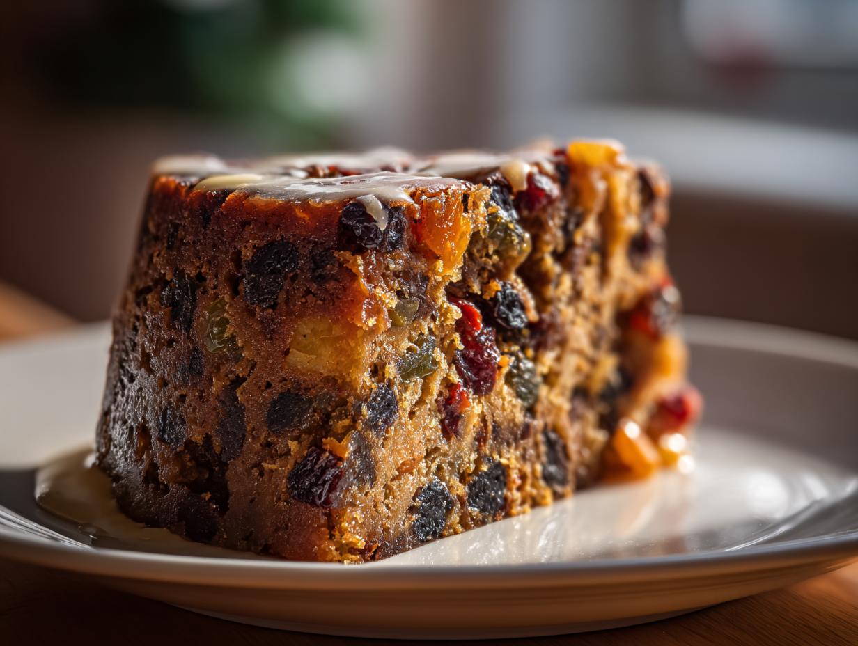 A close-up of a thick slice of dark, moist plum pudding loaded with dried fruits, served on a white plate.