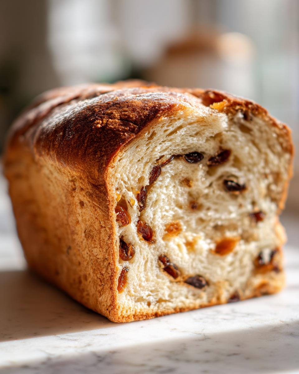 A close-up of a loaf of homemade raisin bread, showing the soft interior studded with dark raisins and a golden-brown crust.