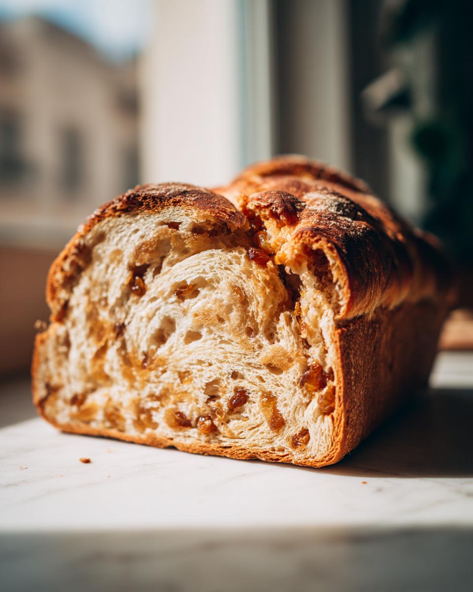 Close-up of a freshly baked loaf of raisin bread, showing the soft interior packed with golden raisins.