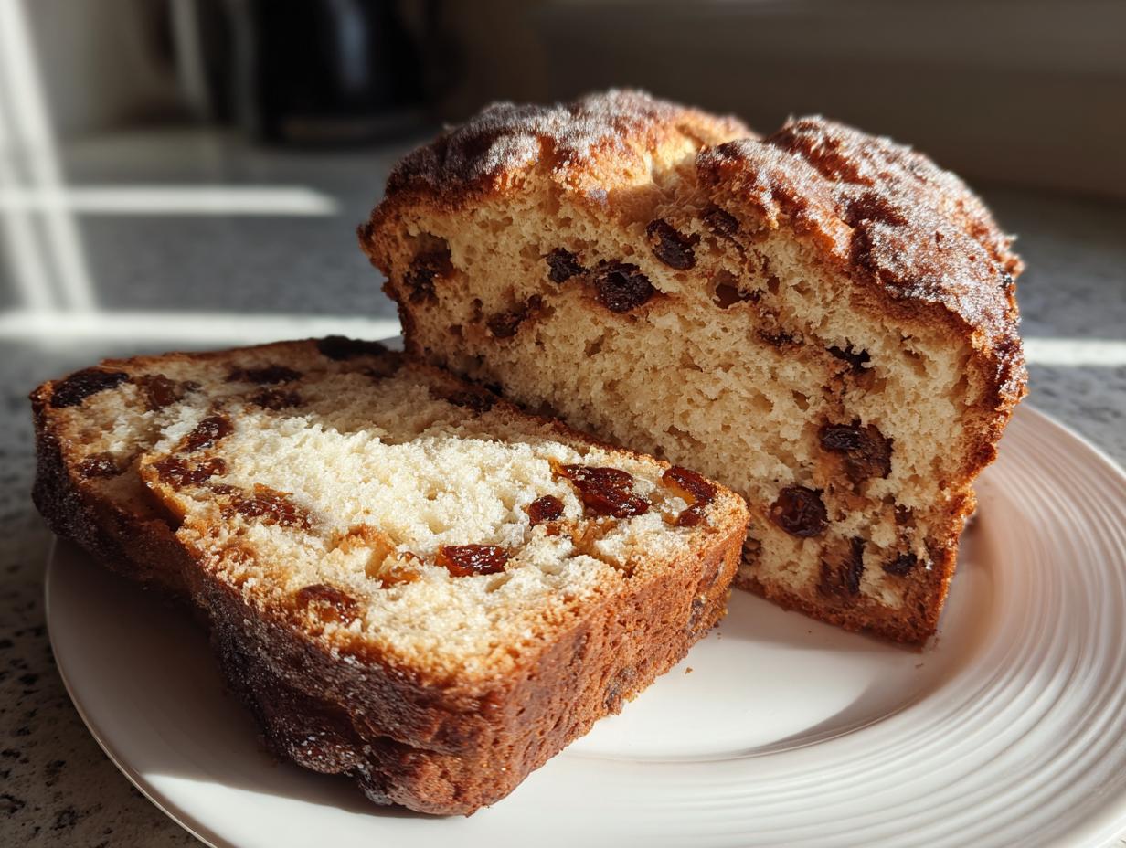 Two thick slices of homemade raisin bread, showing the soft, light crumb studded with plump raisins, served on a white plate.