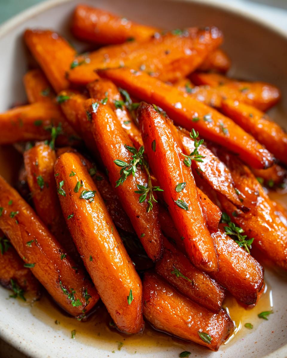 A close-up of perfectly glazed roasted carrots, glistening in sauce and garnished with fresh thyme.