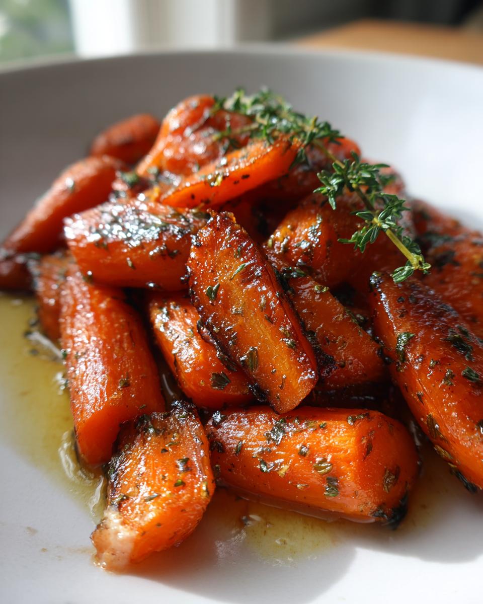 Close-up of beautifully glazed roasted carrots seasoned with herbs and garnished with fresh thyme.