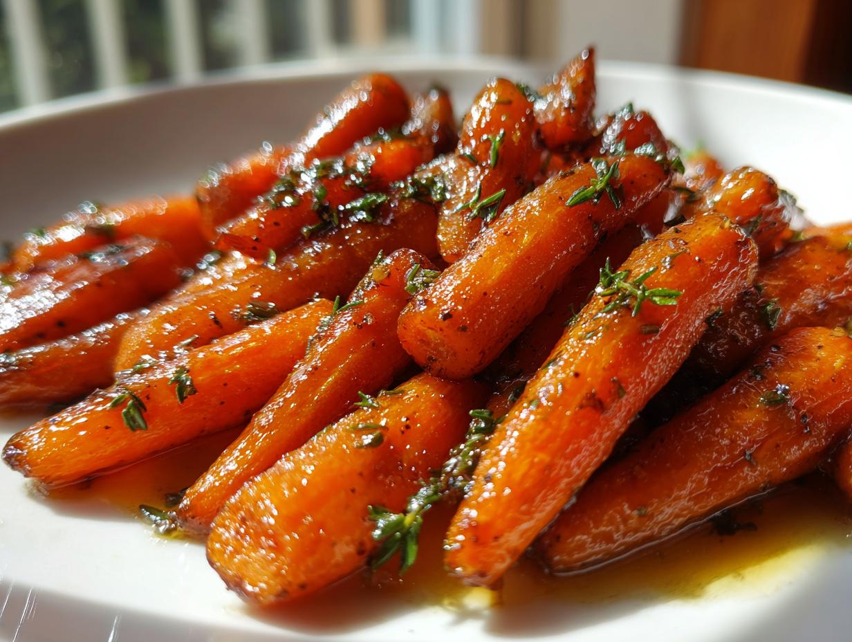 Close-up of perfectly glazed roasted carrots seasoned with herbs on a white plate.