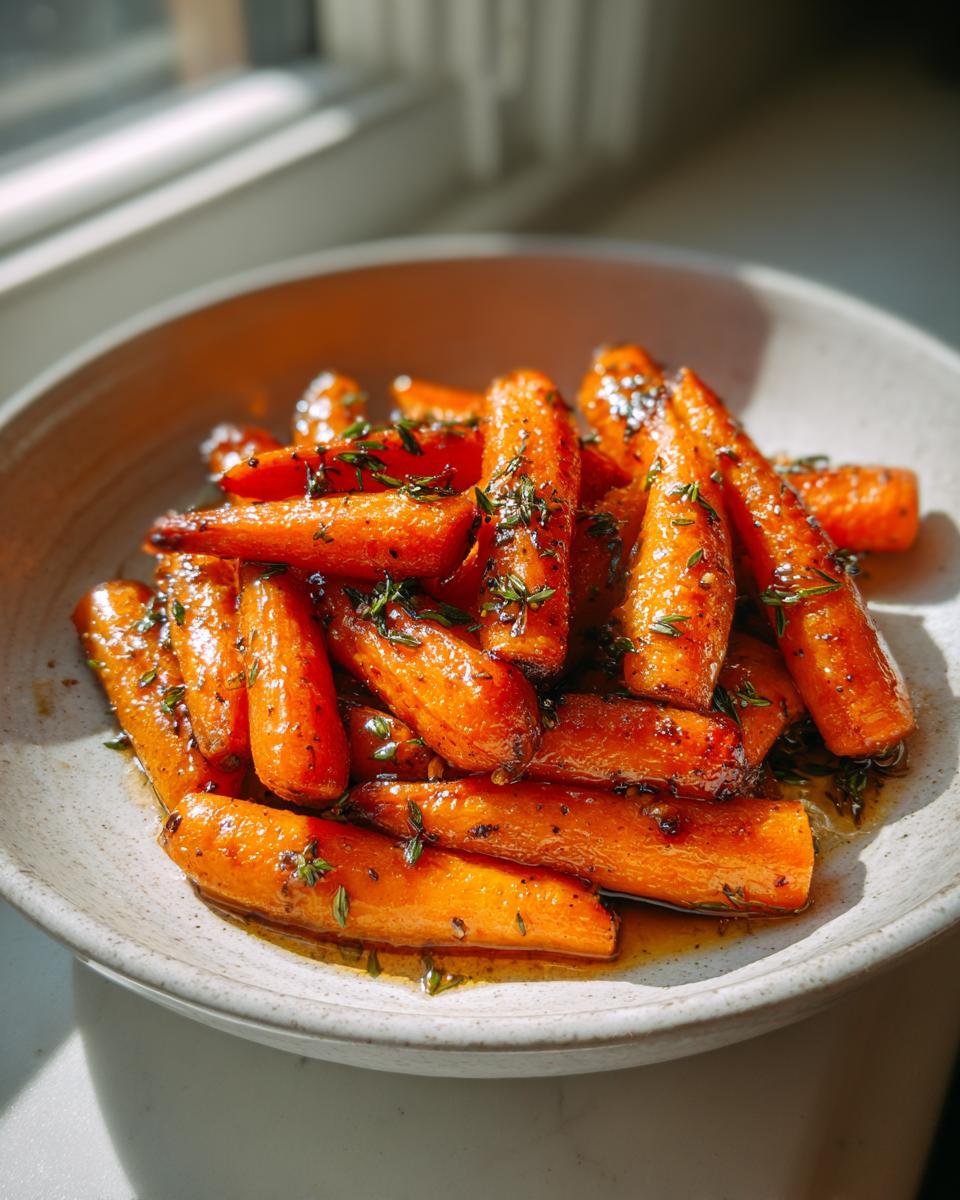A close-up of glossy, glazed roasted carrots seasoned with fresh thyme leaves in a light-colored bowl.