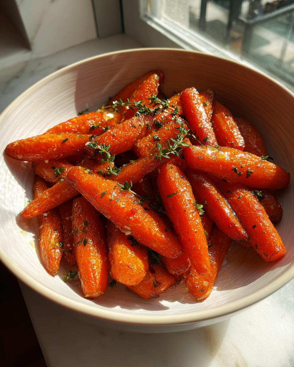 A bowl filled with glazed, bright orange roasted carrots garnished with fresh thyme sprigs.