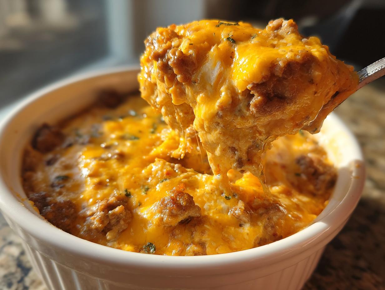 A spoonful of hot, cheesy rotel dip loaded with sausage being lifted from a white ramekin.