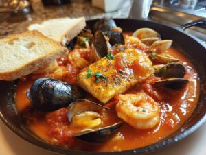 Close-up of a rich seafood soup with cod, mussels, shrimp, and clams in a tomato broth, served with toast.