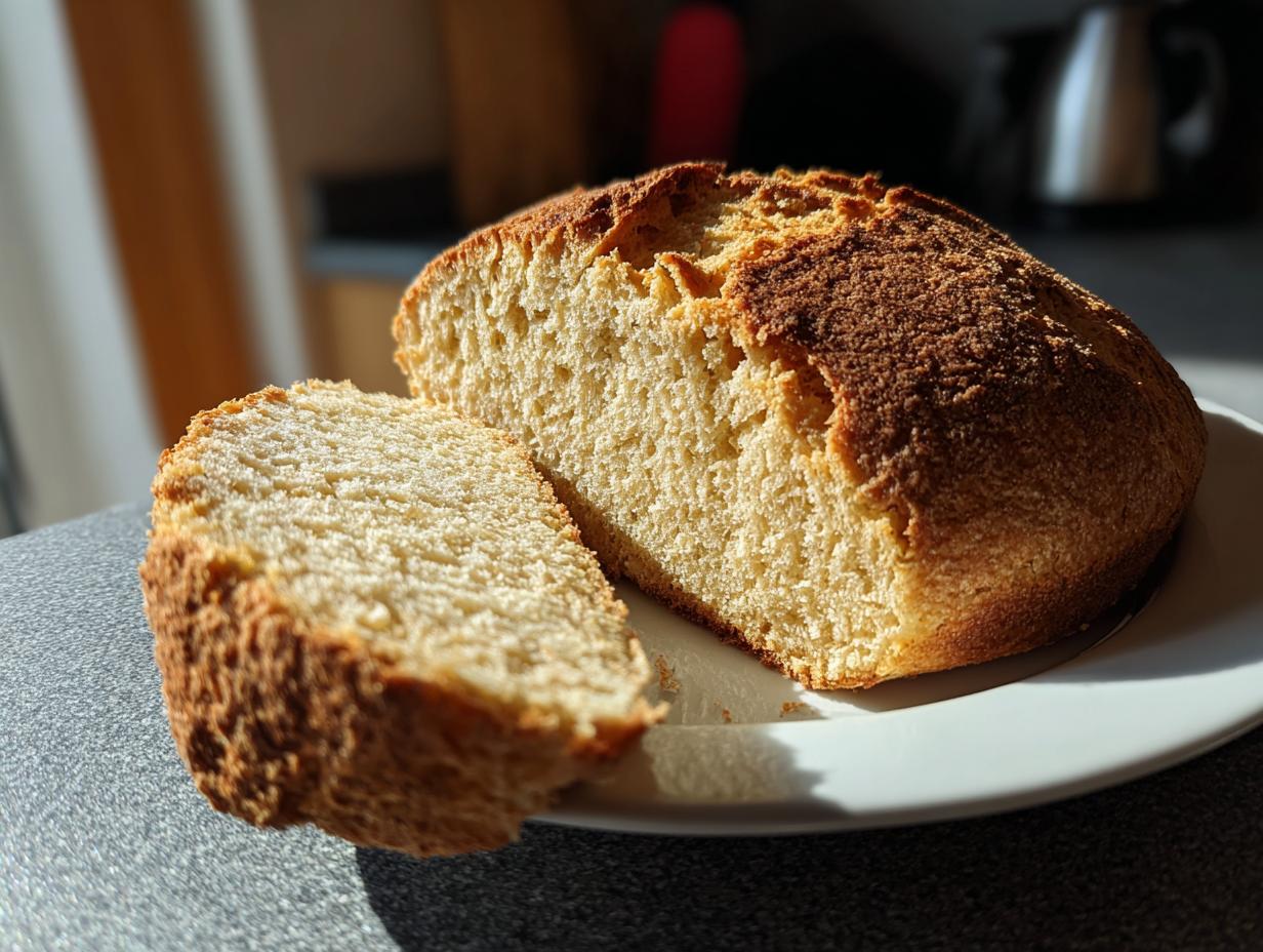 A freshly baked loaf of soda bread, cut to show the soft interior, sitting on a white plate.
