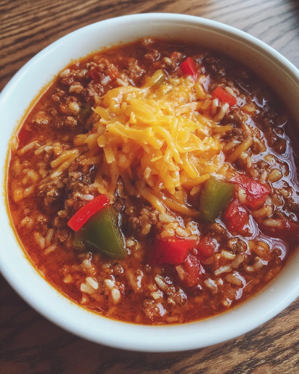 Close-up of a hearty bowl of stuffed pepper soup, featuring ground meat, rice, peppers, and melted cheddar cheese.