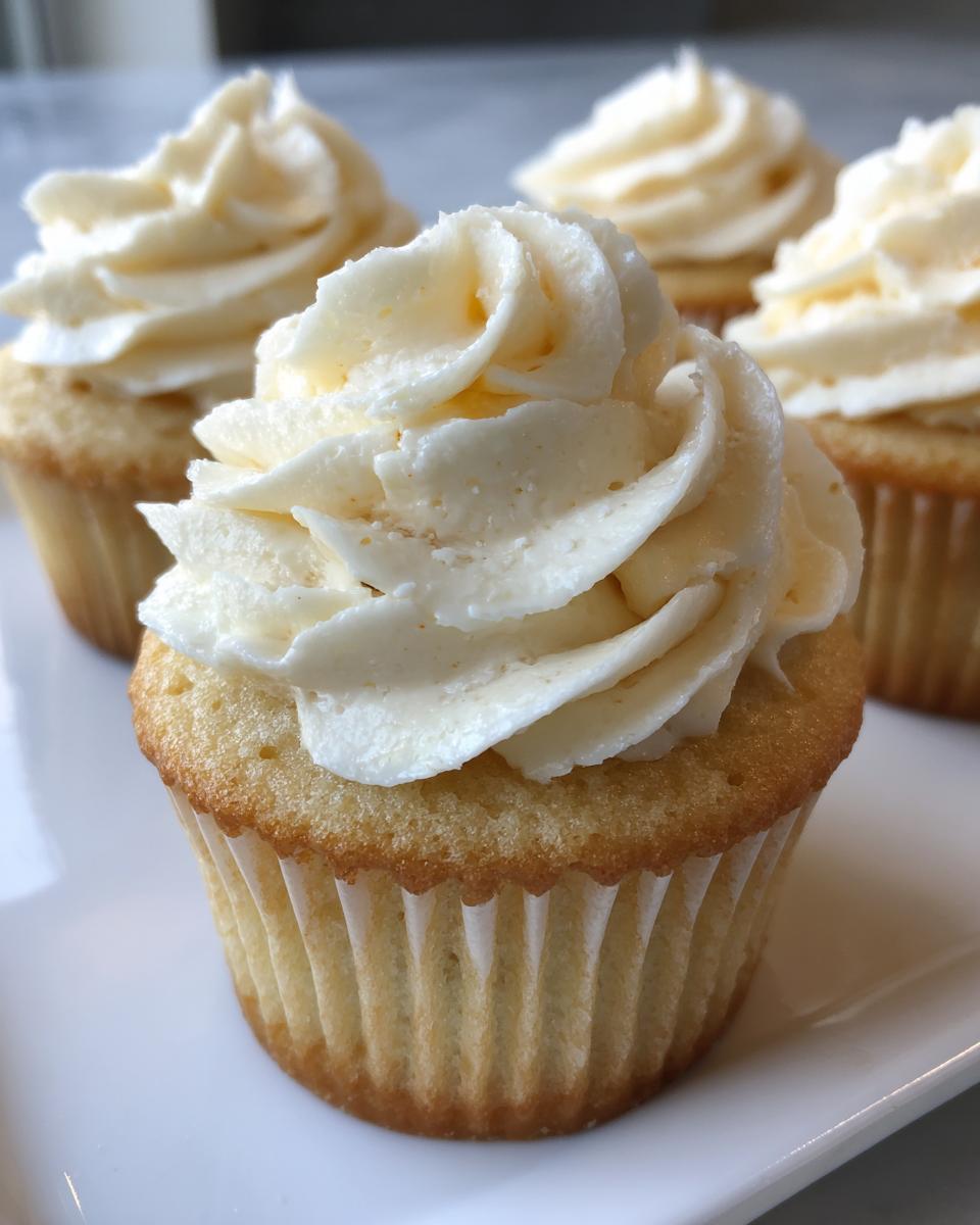 Close-up of a perfectly baked vanilla cupcake topped with a swirl of creamy white vanilla frosting.