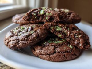 Close-up of fudgy chocolate Andes Mint Cookies, one broken open showing the green mint filling.