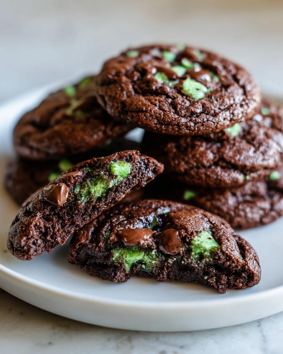 Close-up of rich, dark chocolate Andes mint cookies, one broken open to show the bright green mint filling.