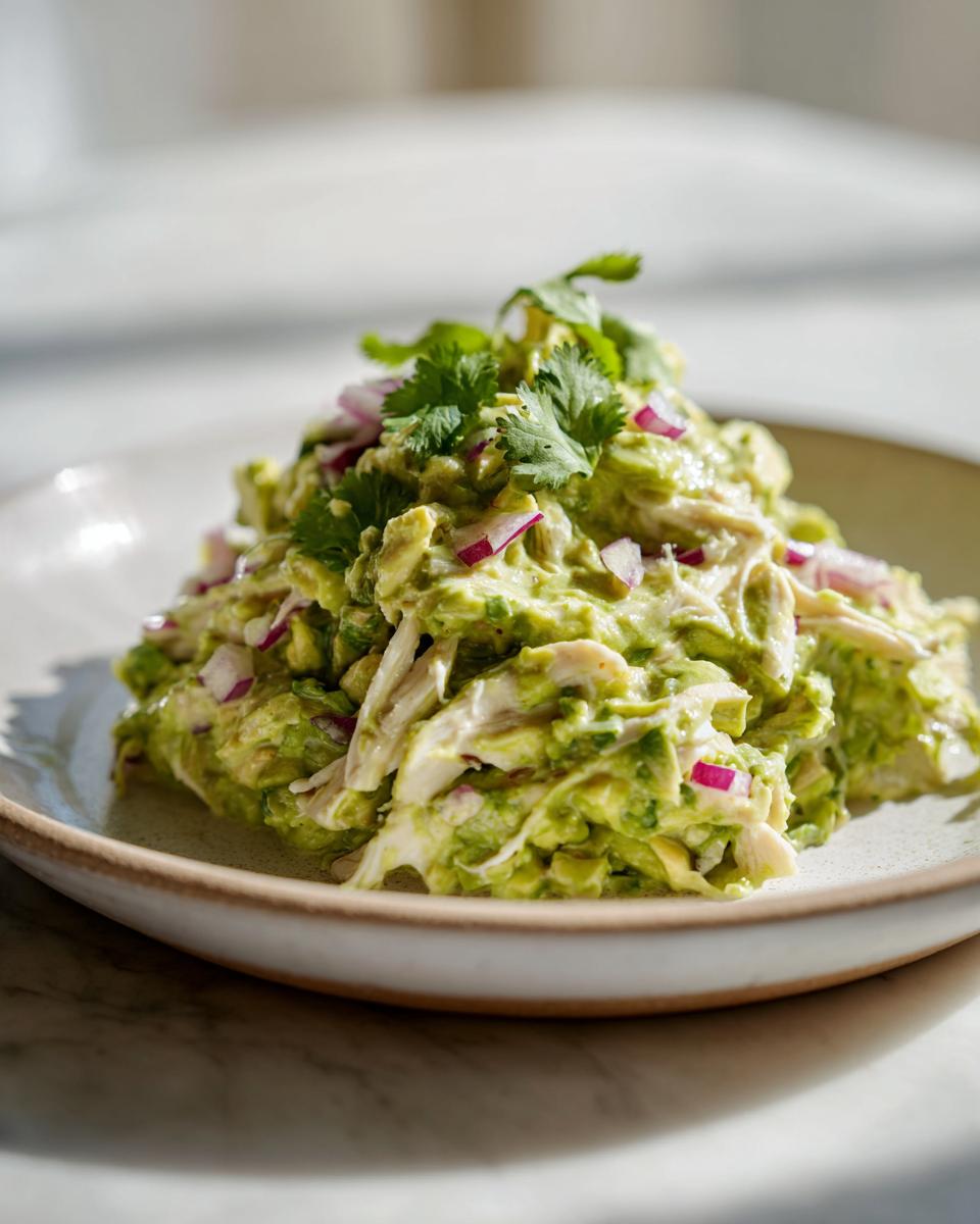 A mound of creamy avocado chicken salad mixed with shredded chicken, red onion, and topped with fresh cilantro.