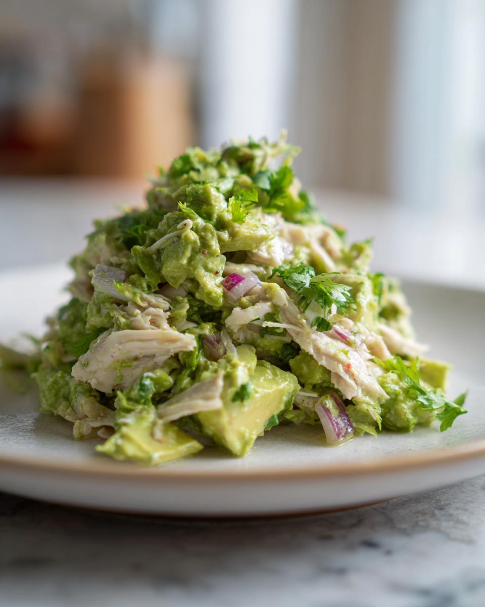 A mound of creamy avocado chicken salad mixed with red onion and cilantro served on a light plate.