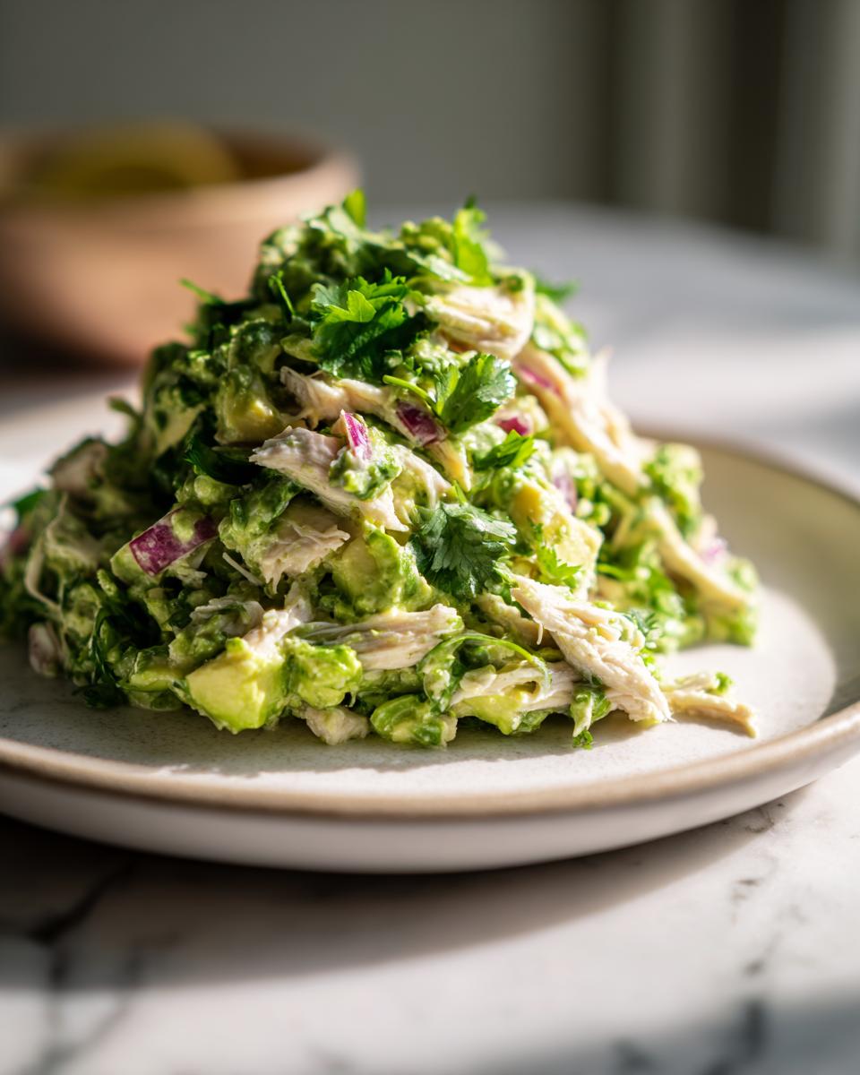 A mound of creamy avocado chicken salad mixed with shredded chicken, red onion, and cilantro, served on a light plate.