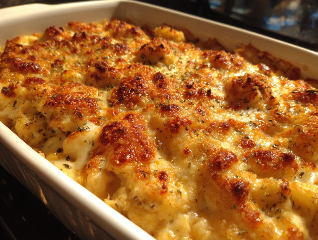 Close-up of a freshly baked Chicken Divan casserole with a bubbly, golden-brown, cheesy crust.