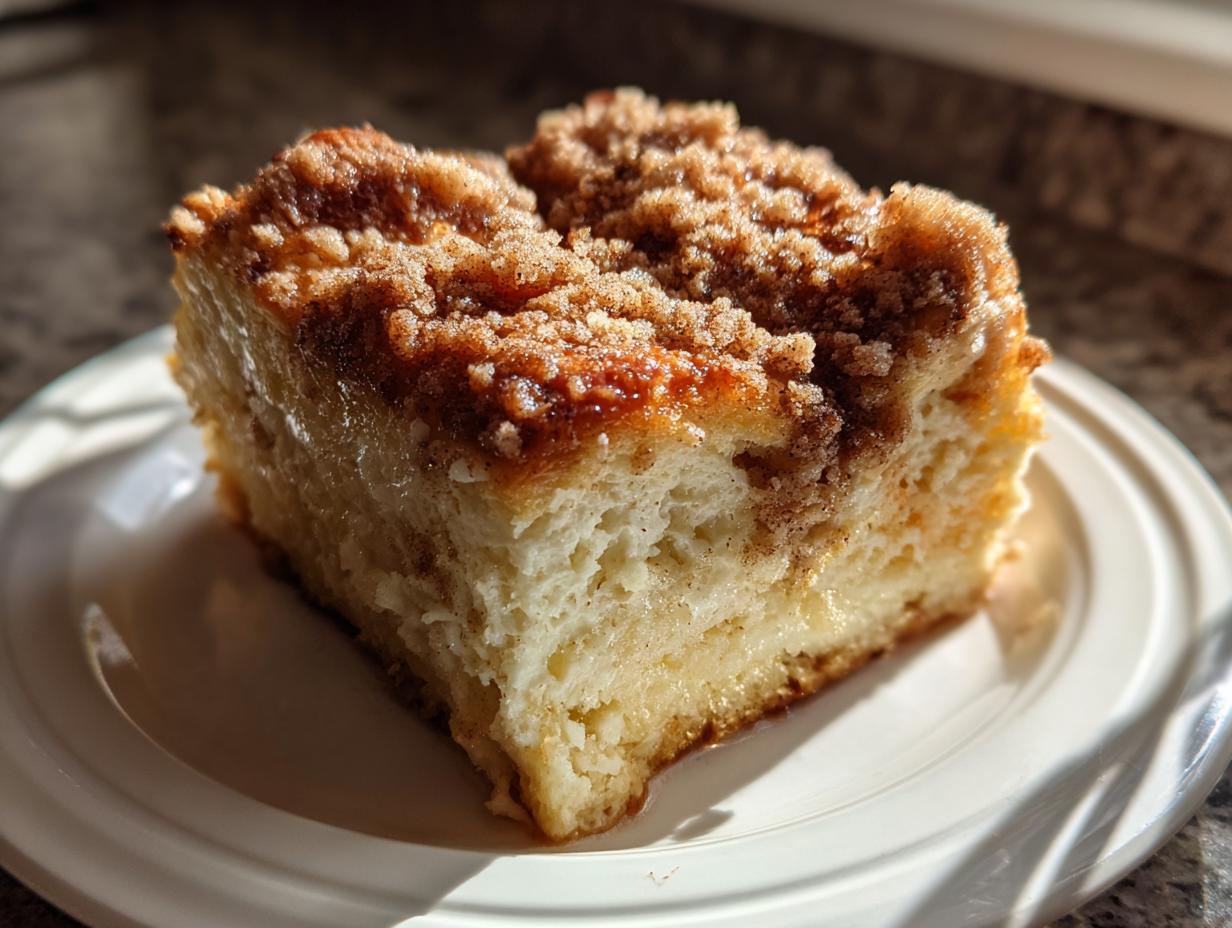 A close-up of a square slice of baked french toast topped with rich cinnamon streusel, served on a white plate.
