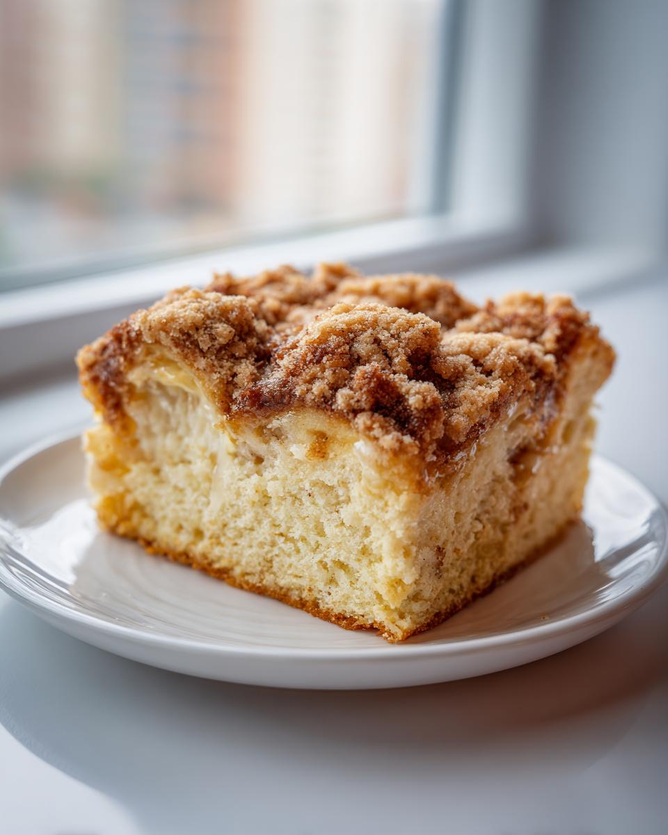 A square slice of baked French toast casserole topped with brown sugar streusel, served on a white plate.