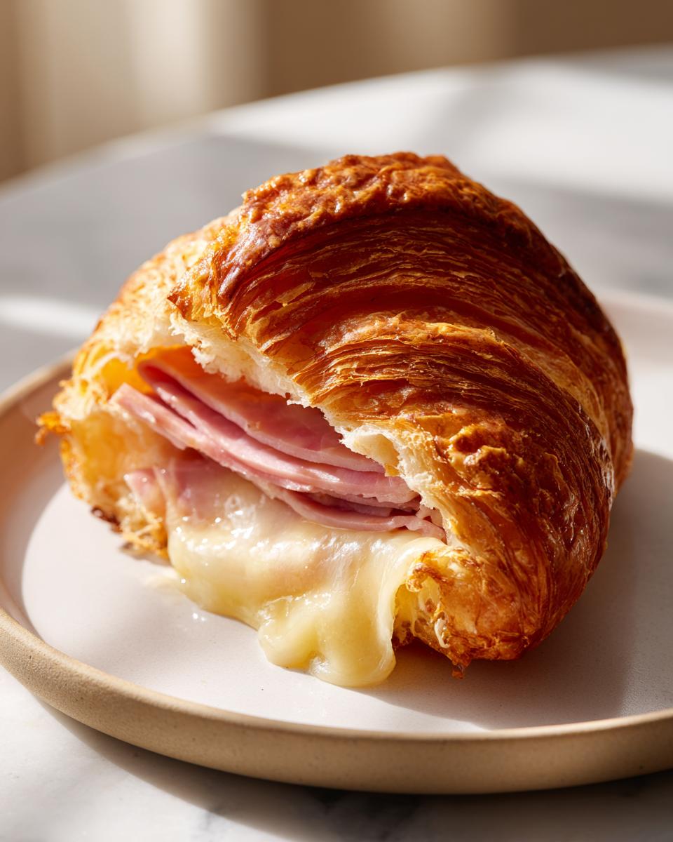 Close-up of a golden baked ham and cheese croissant with melted cheese oozing out.