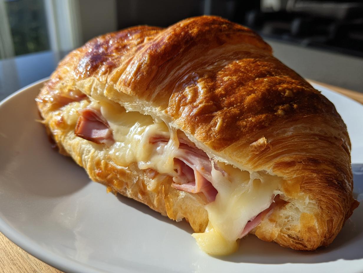 A close-up of a golden brown baked ham and cheese croissant with gooey, melted cheese oozing out.