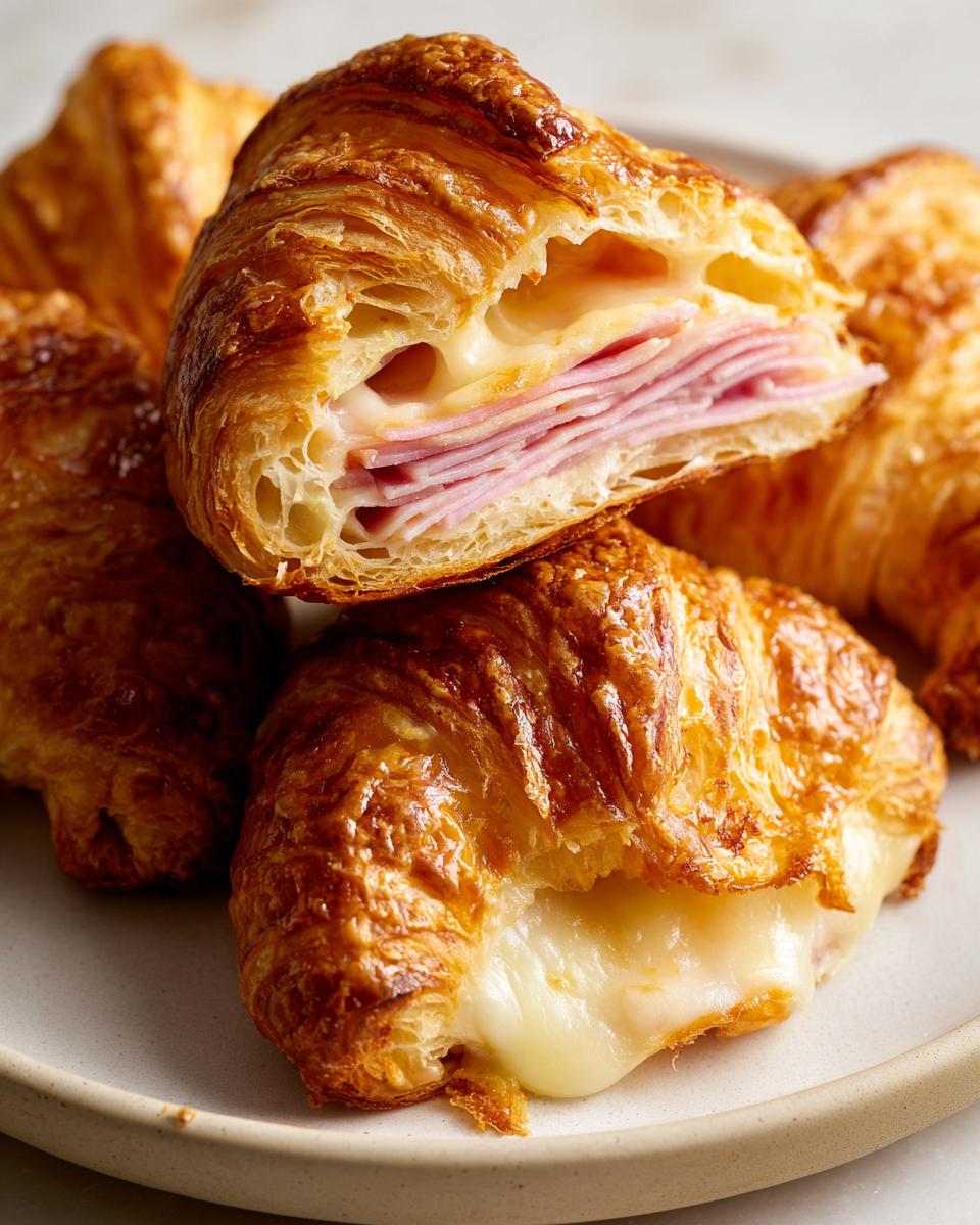 Close-up of golden brown baked ham and cheese croissants, one cut open showing layers of ham and melted cheese.