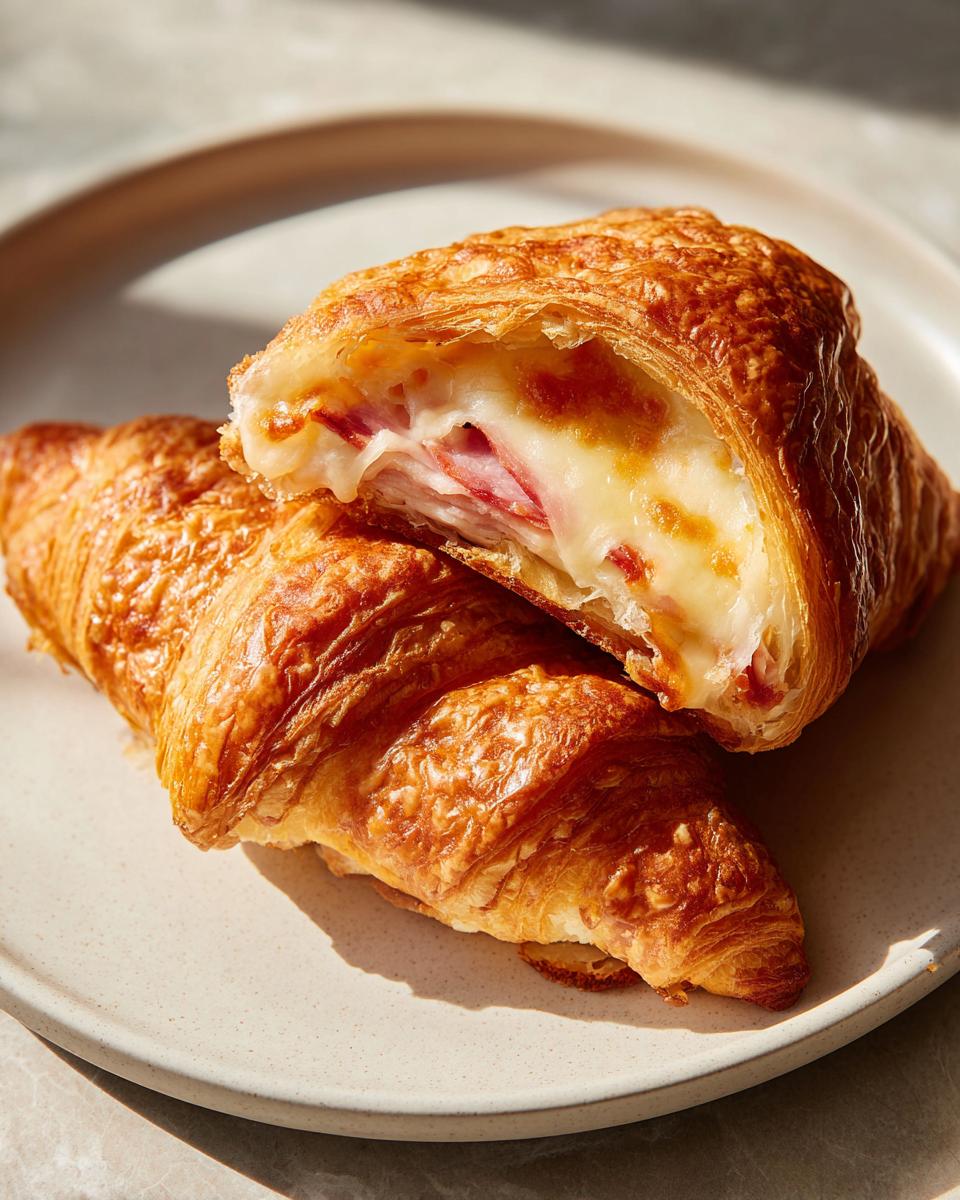 Close-up of baked ham and cheese croissants cut in half showing gooey melted cheese and ham filling.